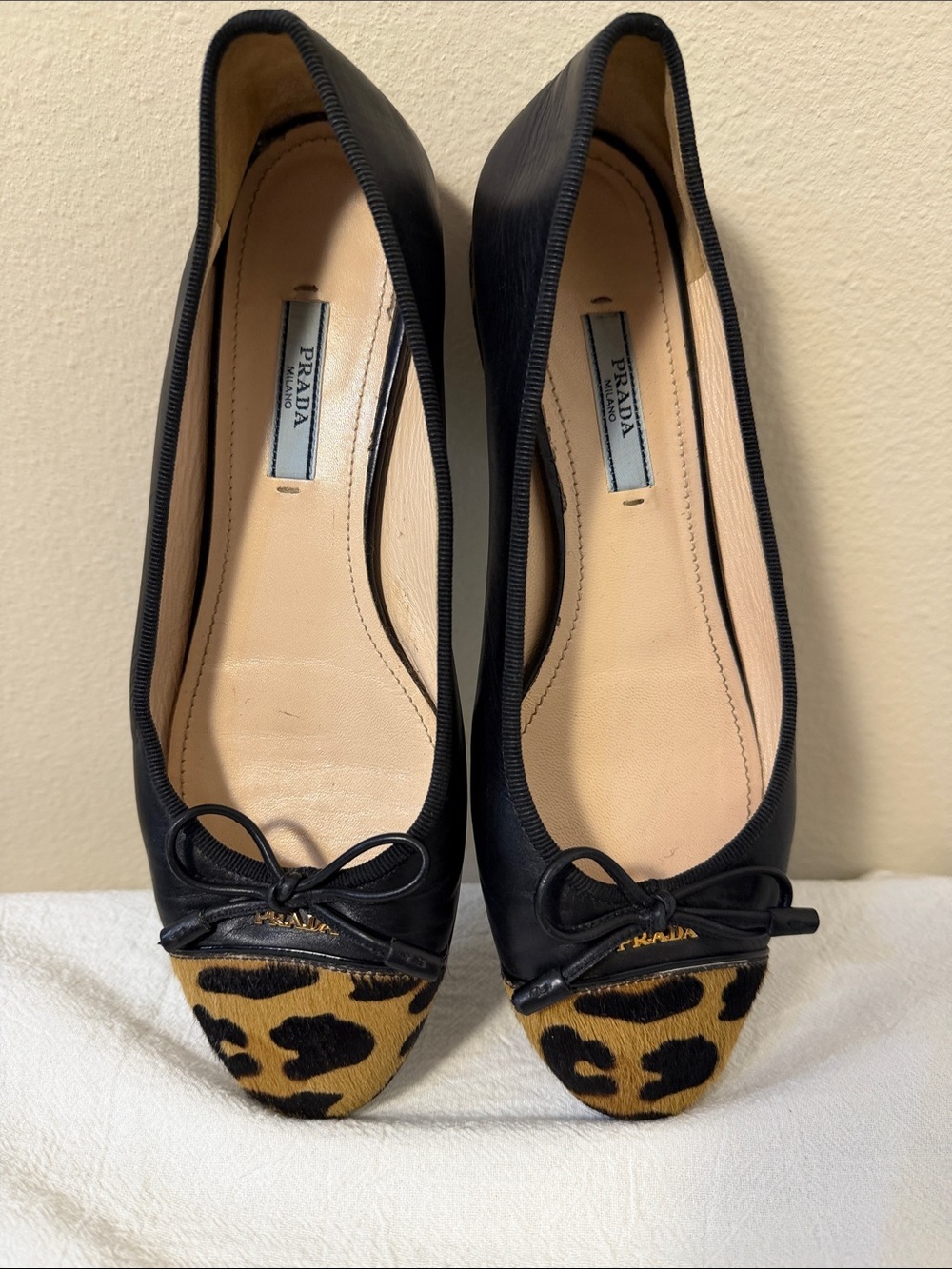 Prada Cavallino Leopard Trim Round Cap Toe Ballerina Flat Sz 37 US 6.5 - Picture 3 of 12